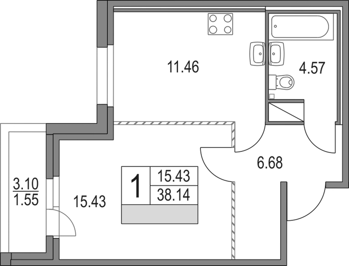 1-комнатная квартира 38.14 м², 13/16 эт., ЖК «Приморский квартал»